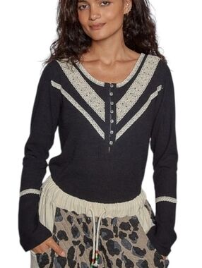 NWOT POL Lace Up Button Down Black Ribbed Henley Top